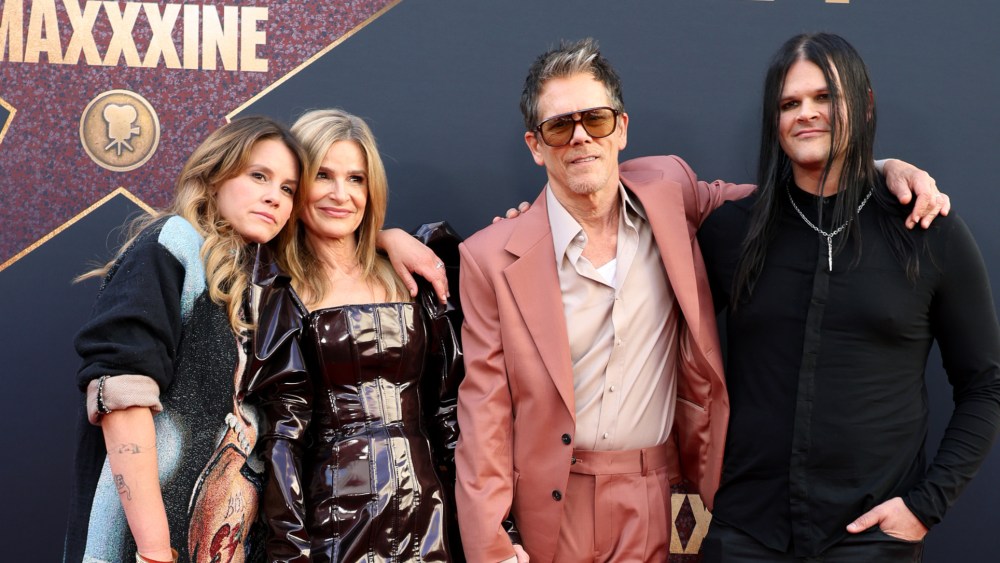 HOLLYWOOD, CALIFORNIA - JUNE 24: Sosie Bacon, Kyra Sedgwick, Kevin Bacon and Travis Bacon attends world premiere of A24's "MAXXXINE"at TCL Chinese Theatre on June 24, 2024 in Hollywood, California. (Photo by Kayla Oaddams/WireImage)