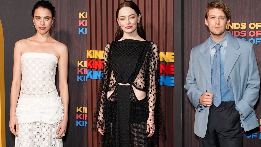 (L-R) Margaret Qualley, Emma Stone and Joe Alwyn at the New York City premiere of "Kinds of Kindness" on June 20, 2024.