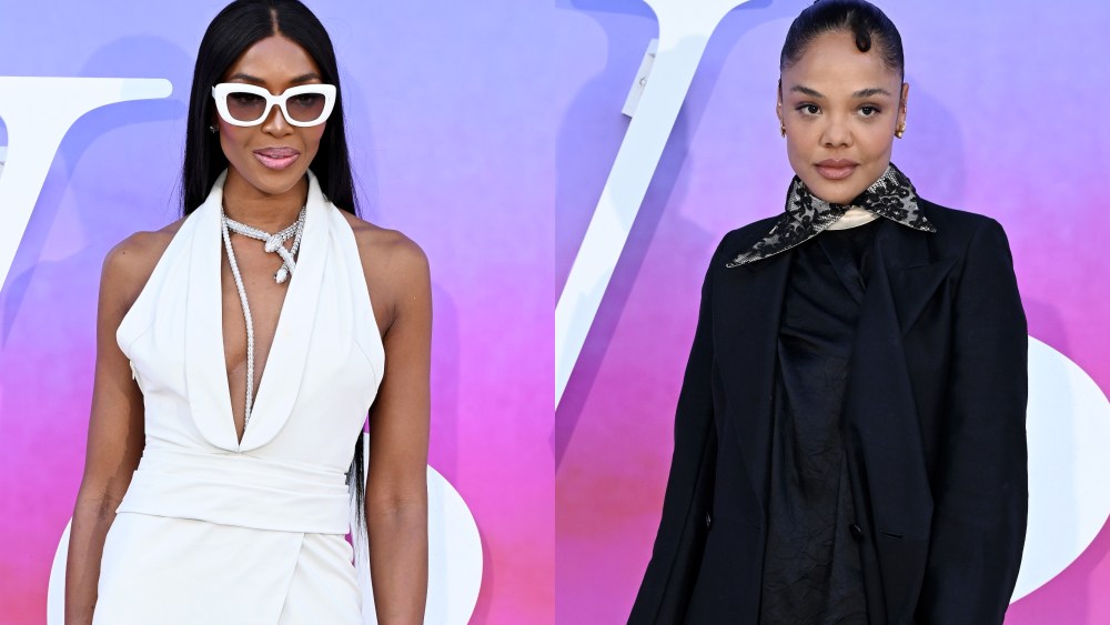 Naomi Campbell, left, and Tessa Thompson attend  the V&A Summer Party 2024 Celebrating "NAOMI: In Fashion" at The V&A on June 19, 2024 in London.