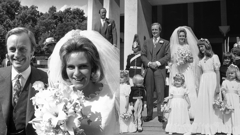 4th July 1973: Camilla Shand and Captain Andrew Parker Bowles outside the Guards' Chapel on their wedding day. (Photo by Frank Barratt/Keystone/Getty Images)