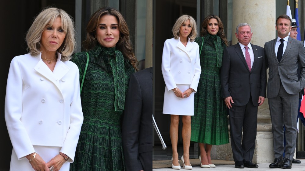 PARIS, FRANCE - JUNE 24 Jordan's King Abdallah II (2ndR) is welcomed by France's President Emmanuel Macron (R) as Jordan's Queen Rania (3rdR) and French first lady Brigitte Macron (C) look at Elysee Palace on June 24, 2024 in Paris, France. (Photo by Christian Liewig - Corbis/Corbis via Getty Images)