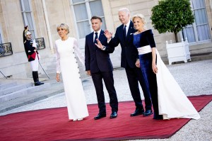 Emmanuel Macron and Brigitte Macron welcome Joe Biden and Jill Biden on the red carpet on their Arrival at the state dinner hosted by the president of the french republic and his wife in honor of the president of the United States of America and his wife at the Elysee presidential palace in Paris, France.