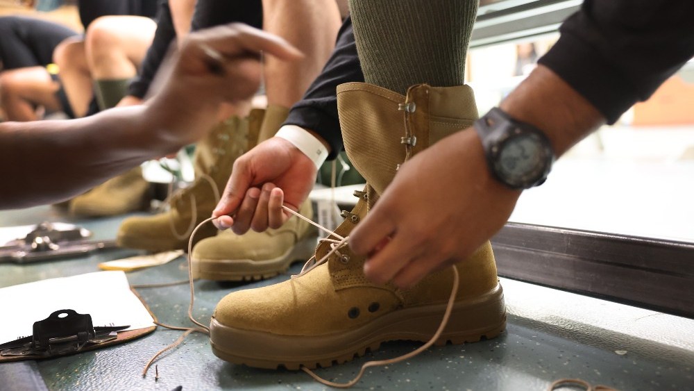 U.S. Army trainees are issued boots shortly after arriving for basic training at Fort Jackson in September 2022 in Columbia, South Carolina.
