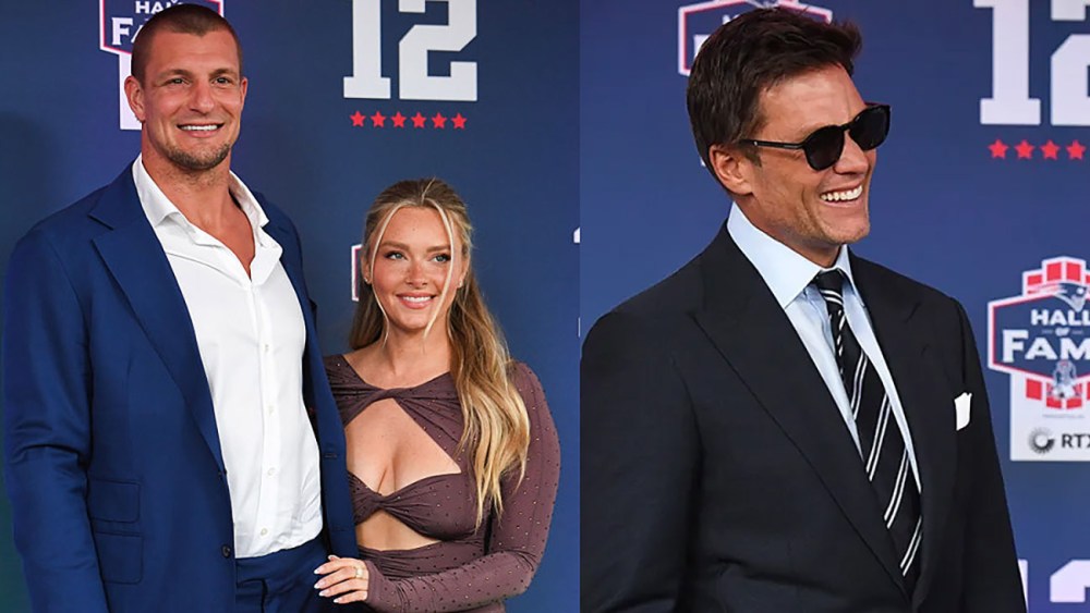 Rob Gronkowski and Camille Kostek and Tom Brady at the Football Hall of Fame Induction Ceremony of Tom Brady on June 12.