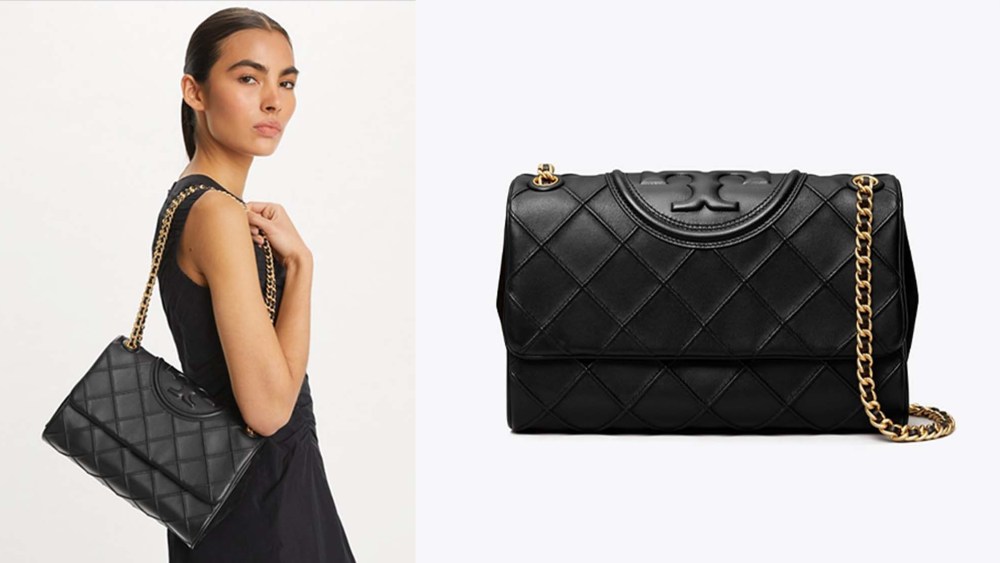 model wearing a black quilted shoulder bag; black quilted shoulder bag with brass chain strap