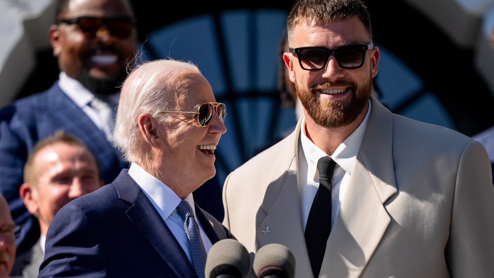 fog suit, fear of god, WASHINGTON, DC - MAY 31: U.S. President Joe Biden invites tight end Travis Kelce, who wears a Fear of God suit, of the Kansas City Chiefs to speak during an event on the South Lawn of the White House on May 31, 2024 in Washington, D.C. President Biden hosted the Chiefs to honor their 2024 Super Bowl win.