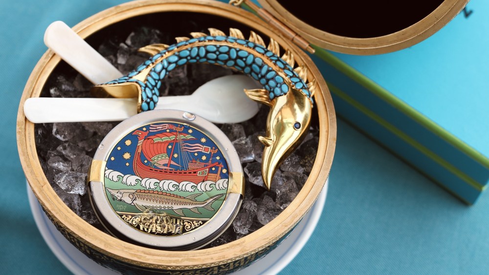 The Begüm Khan and Caviar Caspia collaboration plays on the restaurant's famous sturgeon logo.