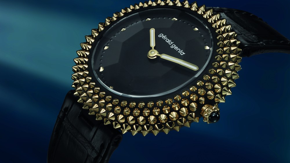 The Gérald Genta Gentissma Oursin in matte DLC-coated black take with a solid black dial and yellow gold spikes.