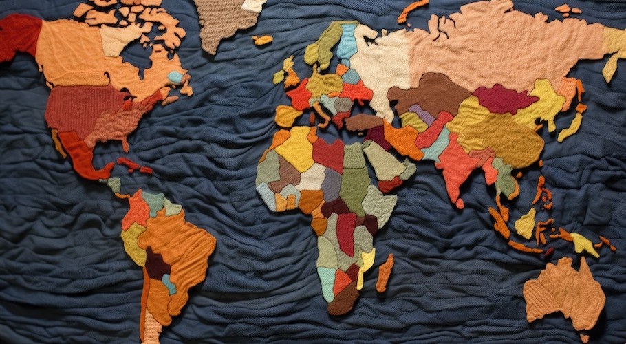 Texworld trade show knitted world map of fabric.