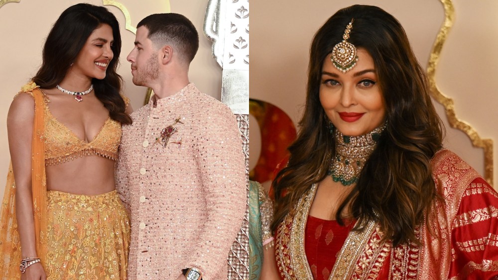 (L-R): Priyanka Chopra, Nick Jonas and Aishwarya Rai at the wedding of Anant Ambani and Radhika Merchant on July 12 in Mumbai, emeralds, jewelry
