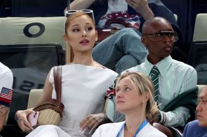 PARIS, FRANCE - JULY 28: Ariana Grande and Cynthia Erivo attend the Artistic Gymnastics Women's Qualification on day two of the Olympic Games Paris 2024 at Bercy Arena on July 28, 2024 in Paris, France. (Photo by Ezra Shaw/Getty Images)
