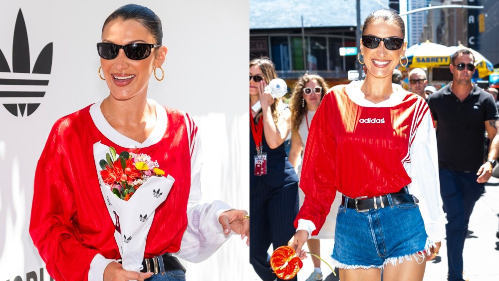 Bella Hadid is seen New York on July 11, Adidas, jersey, denim shorts, daisy dukes, microshorts