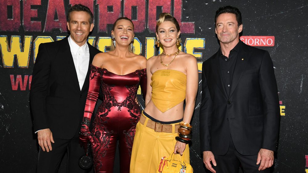 Ryan Reynolds, Blake Lively, Gigi Hadid and Hugh Jackman at the "Deadpool & Wolverine" premiere on July 22 in New York, red carpet, Miu Miu, Atelier Versace
