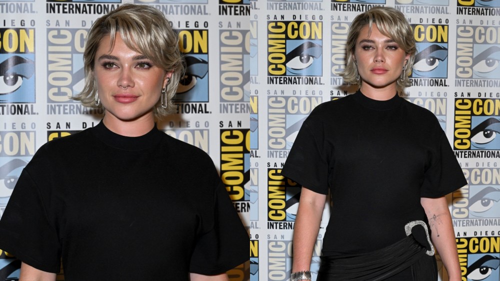 Florence Pugh at Comic-Con 2024 on July 27 in San Diego, David Koma, t-shirt dress, little black dress, marvel, thunderbolts