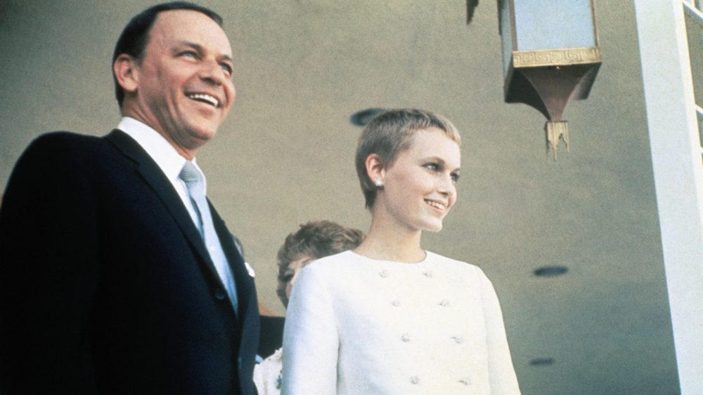 Frank Sinatra and Mia Farrow at the Sands Hotel after their wedding in 1966, wedding dress, engagement ring, bridal, celebrity couple