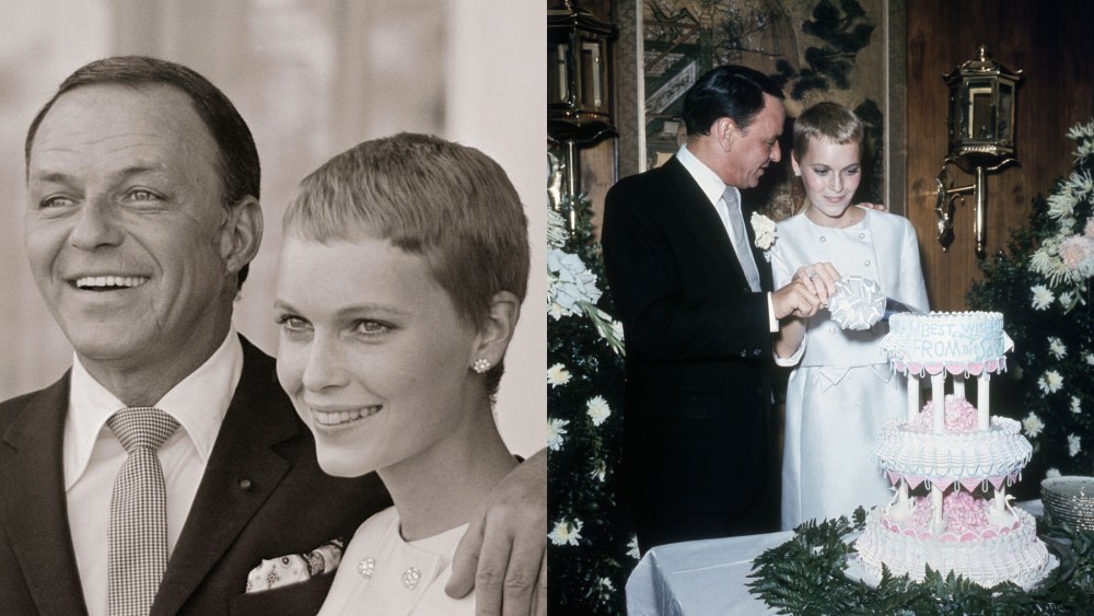 Frank Sinatra and Mia Farrow on their wedding day in 1966, celebrity couple, wedding dress, engagement ring, bridal