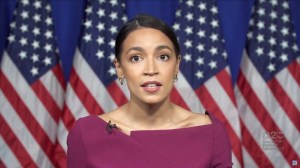 In this screenshot from the DNCC’s livestream of the 2020 Democratic National Convention, Rep. Alexandria Ocasio-Cortez addresses the virtual convention on August 18, 2020.  The convention, which was once expected to draw 50,000 people to Milwaukee, Wisconsin, is now taking place virtually due to the coronavirus pandemic.