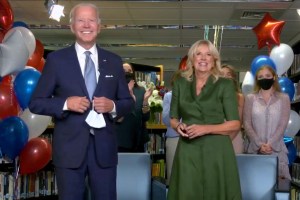 In this screenshot from the DNCC’s livestream of the 2020 Democratic National Convention, Presumptive Democratic presidential nominee former Vice President Joe Biden and Former U.S. Second Lady Dr. Jill Biden together gives a thank you speech with supporters during the virtual convention on August 18, 2020.  The convention, which was once expected to draw 50,000 people to Milwaukee, Wisconsin, is now taking place virtually due to the coronavirus pandemic.