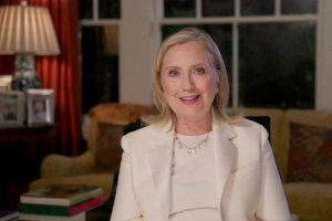 In this screenshot from the DNCC’s livestream of the 2020 Democratic National Convention, former first lady and Secretary of State Hillary Clinton addresses the virtual convention on August 19, 2020.  The convention, which was once expected to draw 50,000 people to Milwaukee, Wisconsin, is now taking place virtually due to the coronavirus pandemic.