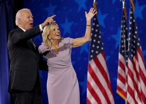 WILMINGTON, DELAWARE - AUGUST 20: : Democratic presidential nominee Joe Biden and his wife Dr. Jill Biden wave to supporters via video teleconference after Biden delivered his acceptance speech on the fourth night of the Democratic National Convention from the Chase Center on August 20, 2020 in Wilmington, Delaware. The convention, which was once expected to draw 50,000 people to Milwaukee, Wisconsin, is now taking place virtually due to the coronavirus pandemic. (Photo by Win McNamee/Getty Images)