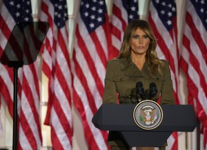 WASHINGTON, DC - AUGUST 25: U.S. first lady Melania Trump addresses the Republican National Convention from the Rose Garden at the White House on August 25, 2020 in Washington, DC. The convention is being held virtually due to the coronavirus pandemic but will include speeches from various locations including Charlotte, North Carolina and Washington, DC. (Photo by Alex Wong/Getty Images)