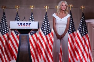 White House Counselor to the President Kellyanne Conway pauses between takes while pre-recording her address to the Republican National Convention from inside an empty Mellon Auditorium on August 26, 2020 in Washington, DC. The novel coronavirus pandemic has forced the Republican Party to move away from an in-person convention to a televised format, similar to the Democratic Party's convention a week earlier.
