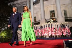 U.S. President Donald Trump arrives on stage with first lady Melania Trump to deliver his acceptance speech for the Republican presidential nomination on the South Lawn of the White House on August 27, 2020 in Washington, DC. Trump gave the speech in front of 1500 invited guests.