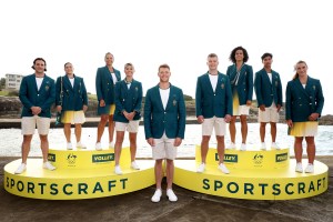 SYDNEY, AUSTRALIA - APRIL 17: Members of the Australian Olympic team pose during the Australian 2024 Paris Olympic Games Official Uniform Launch at Clovelly Surf Club on April 17, 2024 in Sydney, Australia. (Photo by Matt King/Getty Images)