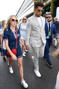 LONDON, ENGLAND - JULY 05: Brittany Mahomes and Patrick Mahomes attend day five of the Wimbledon Tennis Championships at the All England Lawn Tennis and Croquet Club on July 05, 2024 in London, England. (Photo by Karwai Tang/WireImage)