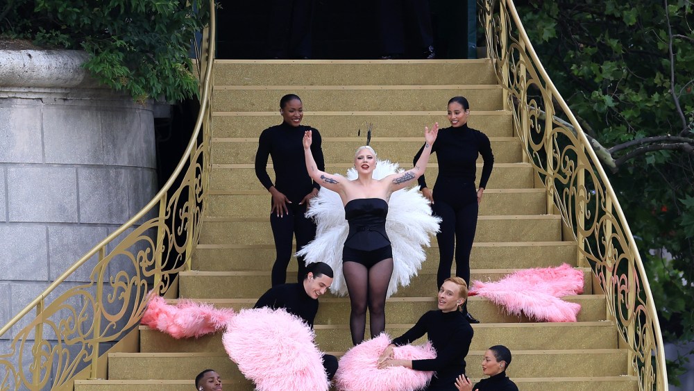 PARIS, FRANCE - JULY 26: American Singer-Songwriter Lady Gaga performs at Square Barye during the athletes’ parade on the River Seine during the opening ceremony of the Olympic Games Paris 2024 on July 26, 2024 in Paris, France. (Photo by Maja Hitij/Getty Images)