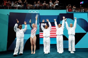 Team United States is introduced during the Artistic Gymnastics Women's Team Final on day four of the Olympic Games Paris 2024 at Bercy Arena on July 30, 2024 in Paris, France.