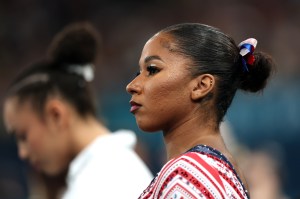 Jordan Chiles of Team United States looks on during the Artistic Gymnastics Women's Team Final on day four of the Olympic Games Paris 2024 at Bercy Arena on July 30, 2024 in Paris, France.