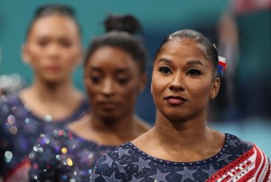 Jordan Chiles of Team United States looks on during the Artistic Gymnastics Women's Team Final on day four of the Olympic Games Paris 2024 at Bercy Arena on July 30, 2024 in Paris, France.