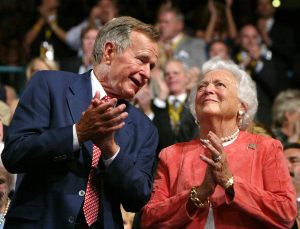 NEW YORK - AUGUST 30:  Former U.S. President George H.W. Bush and his wife Barbara applaud during the evening session of day one of the 2004 Republican National Convention August 30, 2004 at Madison Square Garden in New York City.  (Photo by Justin Sullivan/Getty Images)