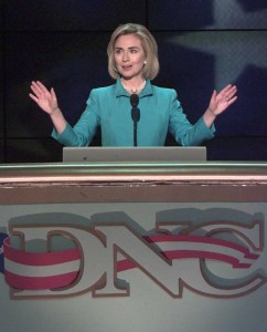 CHICAGO, UNITED STATES:  US First Lady Hillary Rodham Clinton greets the delegates of the Democratic National Convention 27 August in the United Center in Chicago.  The convention will nominate US President Bill Clinton to be their candidate for the November, 1996 presidential election.  (ELECTRONIC IMAGE) AFP PHOTO    Jeff HAYNES (Photo credit should read JEFF HAYNES/AFP via Getty Images)