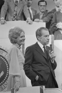 First Lady Pat Nixon listens as her husband President Richard Nixon speaks at the 1972 Republican National Convention. (Photo by © Wally McNamee/CORBIS/Corbis via Getty Images)