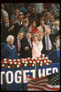 020152 09: (NO NEWSWEEK - NO USNEWS) Republican presidential and vice presidential candidates Ronald Reagan and George Bush stand with their wives next to former President Gerald Ford and his wife at the Republican National Convention July 21, 1980 in Detroit, MI. Reagan and Bush were chosen as the party candidates for President and Vice President. (Photo by Dirck Halstead/Liaison)