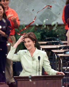 374798 02: Texas First Lady Laura Bush speaks at the first night session of the 2000 Republican National Convention July 31, 2000 in Philadelphia, PA. (Pool Photo/Liaison)