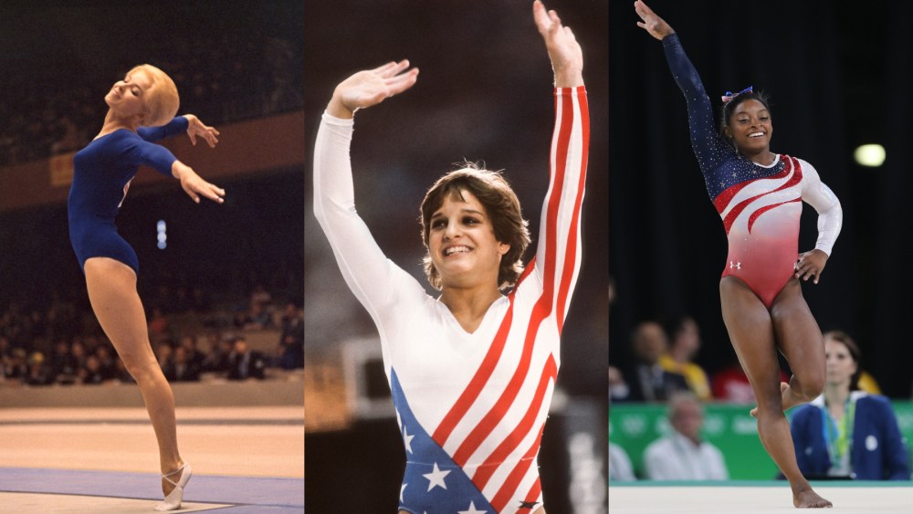 team usa womens olympic uniforms and leotards, Muriel Grossfeld during the 1964 Tokyo Olympics, Mary Lou Retton during the 1984 Los Angeles Olympics, Simone Biles during the 2016 Rio Olympics, gymnastics, athletes, sports, uniforms, leotards