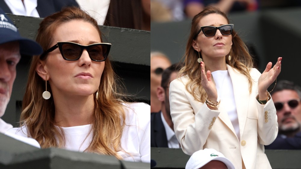 Jelena Djokovic at Wimbledon on July 14 in London, blazer, cat-eye sunglasses, Novak Djokovic, tennis