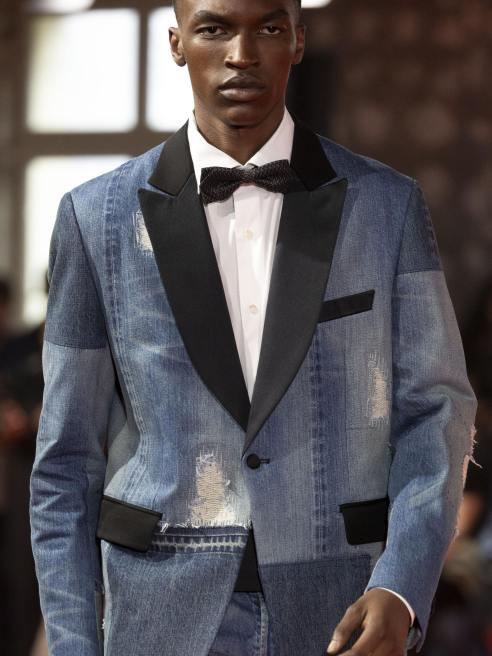 A denim tuxedo jacket by Junya Watanabe Man for spring 2025.