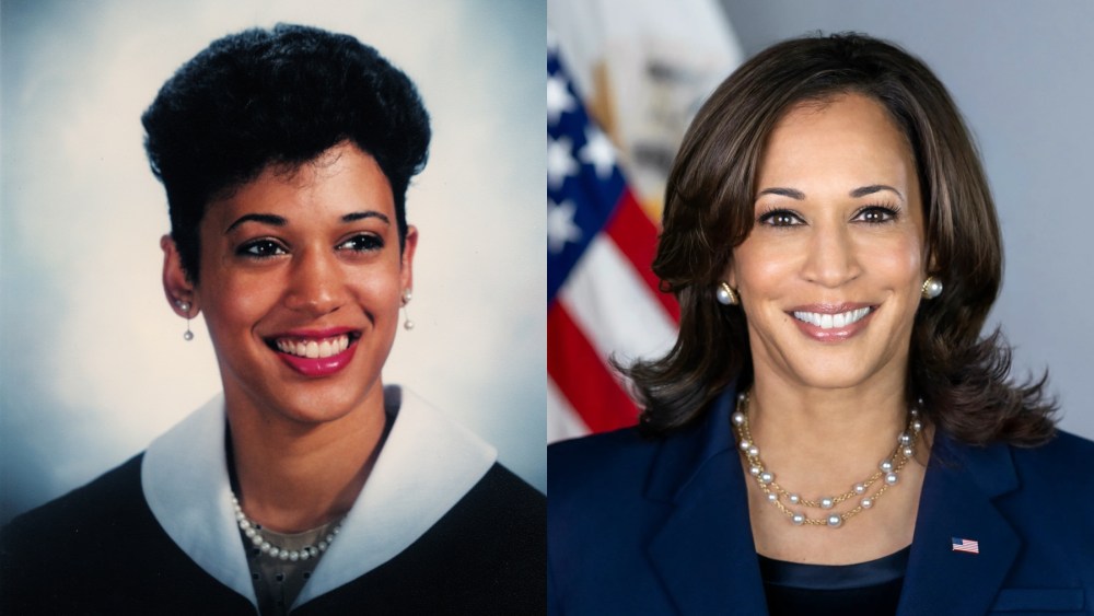 Kamala Harris wearing pearls, earrings and jewelry in 1986 and in 2021, portrait, graduation, Howard, Alpha Kappa Alpha, sorority, vice president, white house