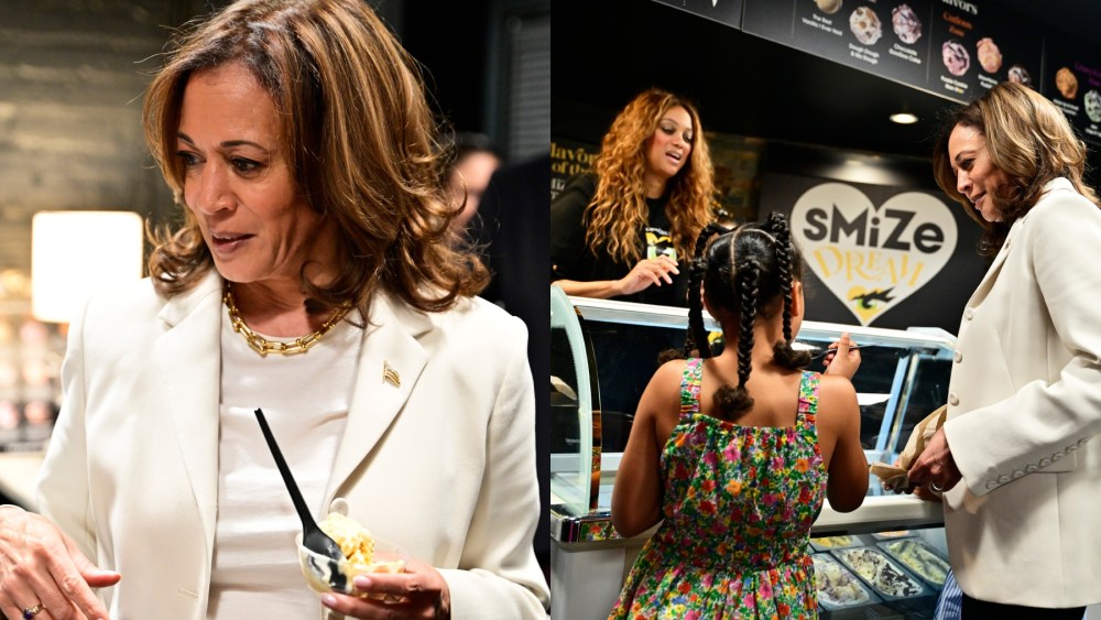 Vice President Kamala Harris orders ice cream with her nieces from Tyra Banks at the opening of Banks' new pop-up ice cream shop, Smize & Dream on July 19 in Washington.