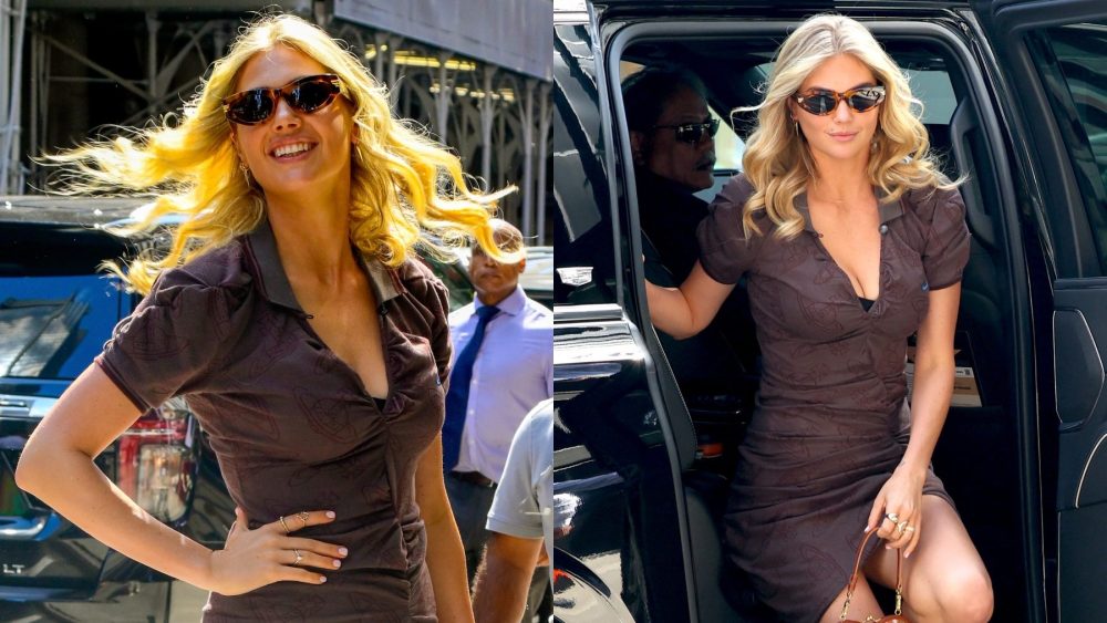 Kate Upton arrives at "Good Morning America" on July 11 in New York, Vivienne Westwood, brown, fall, orb print, Bottega Veneta