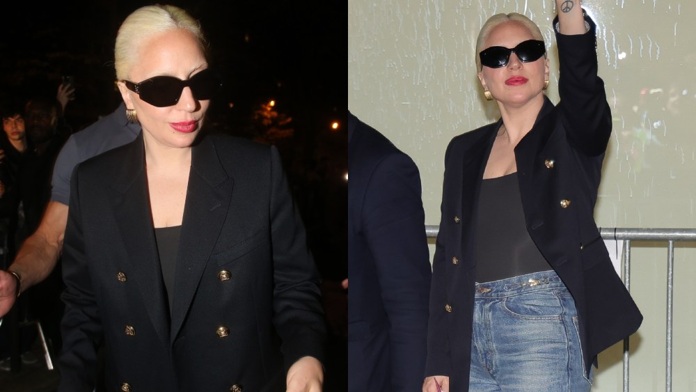 Lady Gaga in Paris on July 24, Celine, blazer, pleaser platforms, Olympics, mom jeans