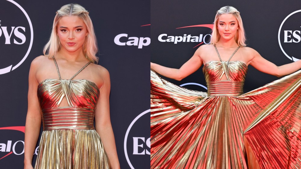 Livvy Dunne wears gold dress at the 2024 ESPY Awards on July 11 in Los Angeles, Sherri Hill, red carpet, gold dress, 1970s, disco
