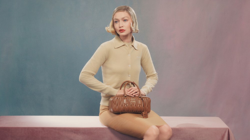 Gigi Hadid in a 2024 Miu Miu leather goods campaign.