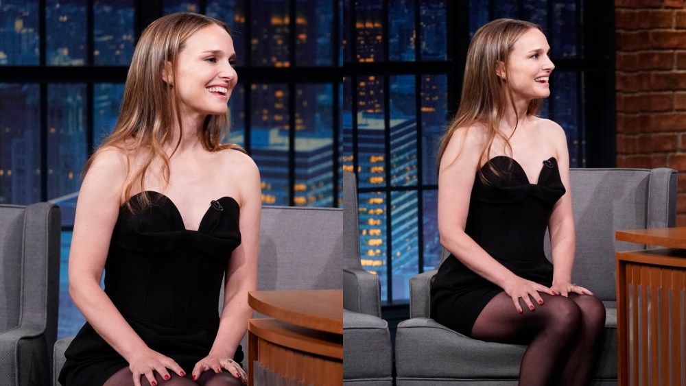 Natalie Portman on "Late Night with Seth Meyers" on July 16, strapless little black dress, lady in the lake, magda butrym
