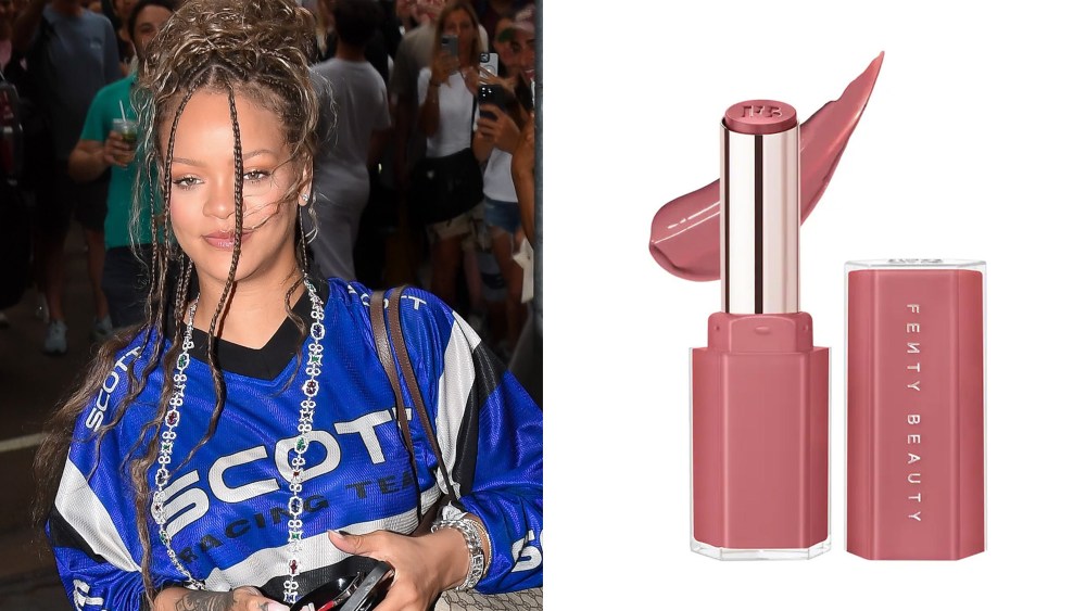 Rihanna wearing Fenty lip gloss; Fenty lip gloss in pink shade