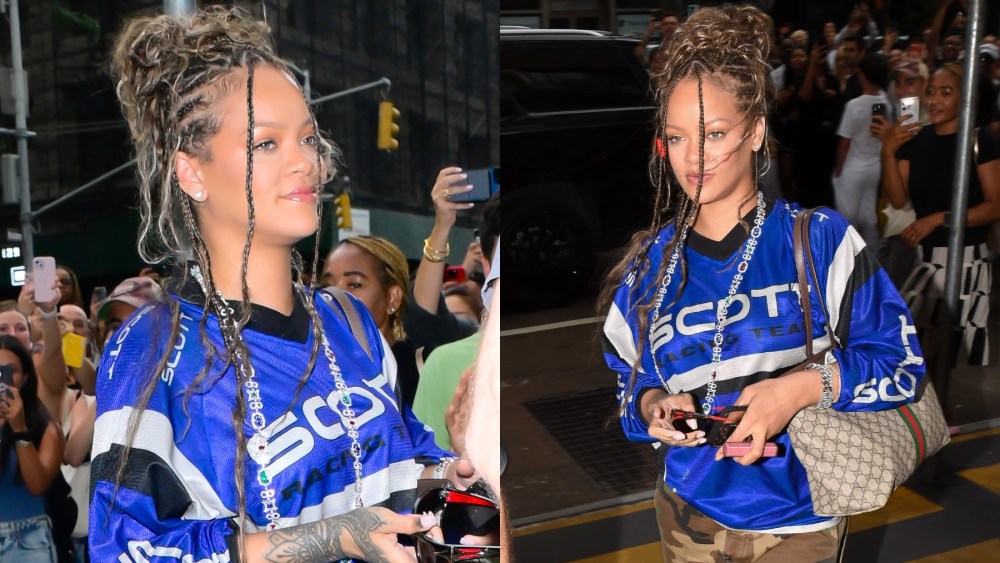 Rihanna in New York on July 23, Amiri, diamond necklace, Gucci bag, jersey, blonde hair braids